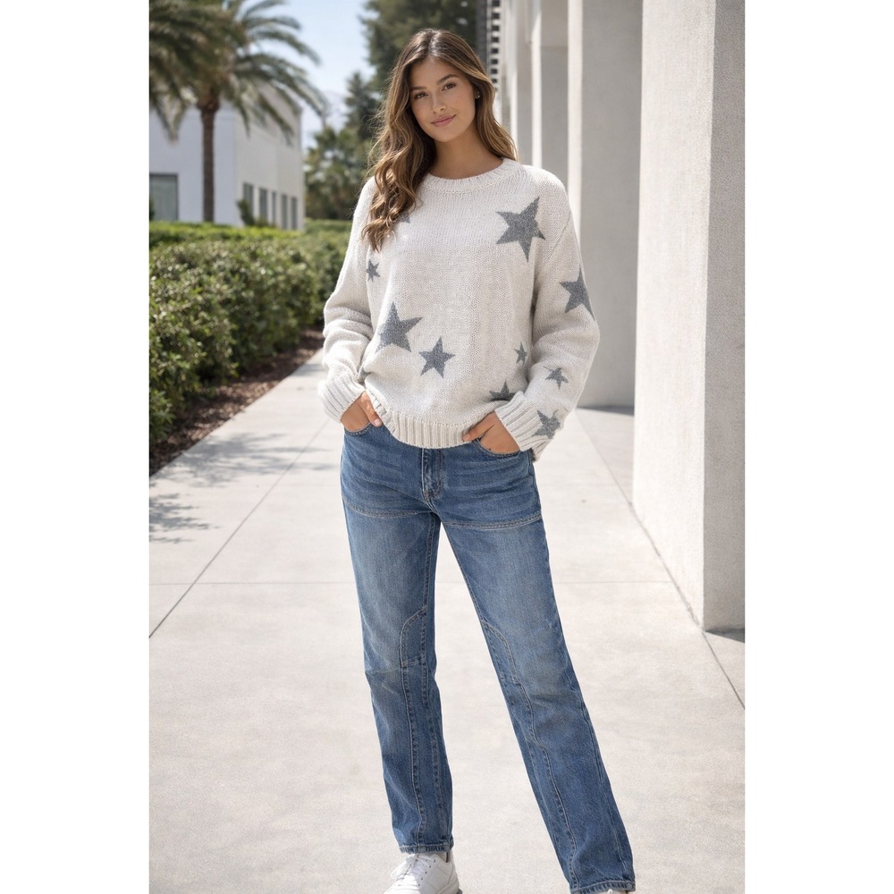 Splendid Star Knit Sweater Womens Small Cream Gray Cotton Chunky Pullover - Picture 2 of 11